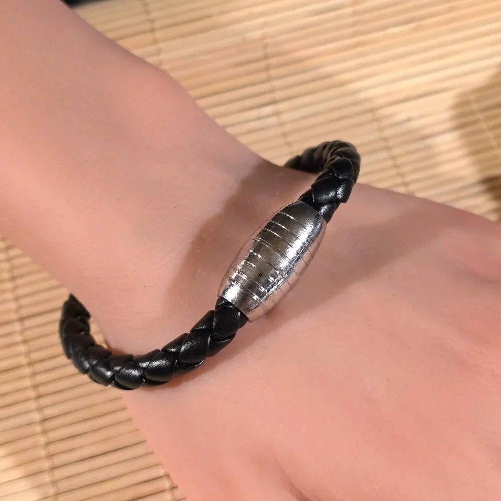 Braided Thick Black Vegan Leather Magnetic Clasp Bangle Bracelet